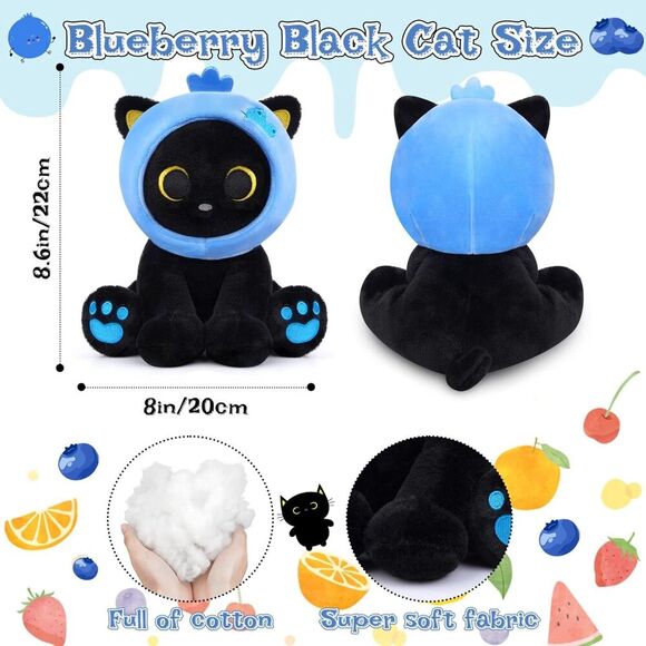8inch Blueberry Black Cat Plush Stuffed Animals For Kids - Picture 2 of 5